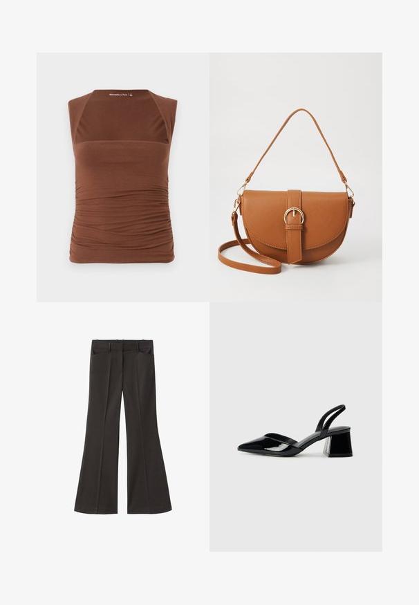 Brown sleeveless top made of stretchy fabric, featuring a fitted design with gathered texture along the sides and a smooth finish at the front.; Black flared trousers with a high waist; features two front pockets and a smooth fabric texture. Suitable for various occasions.; Black patent leather slingback heels with a pointed toe and a geometric block heel. Features a sleek, minimal design and smooth texture.; Brown leather crossbody bag with a curved shape, gold hardware, and a buckle accent. Features a detachable shoulder strap.