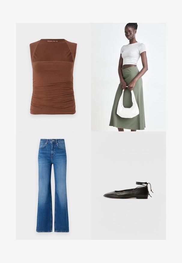 Haut sans manches marron en tissu extensible, présentant un design ajusté avec une texture froncée sur les côtés et une finition lisse à l'avant.; Jean en denim bleu à jambe large avec taille haute, dotés d'une fermeture éclair, d'une fermeture par bouton et d'un léger décoloration le long des jambes.; Ballerines noires en cuir avec un bout pointu, une attache à la cheville et une semelle plate, caractérisées par une texture lisse et un design minimaliste.; Top court rayé gris et jupe taille haute verte olive. Le mannequin tient un sac à bandoulière blanc avec des découpes. Design simple, silhouette ajustée.