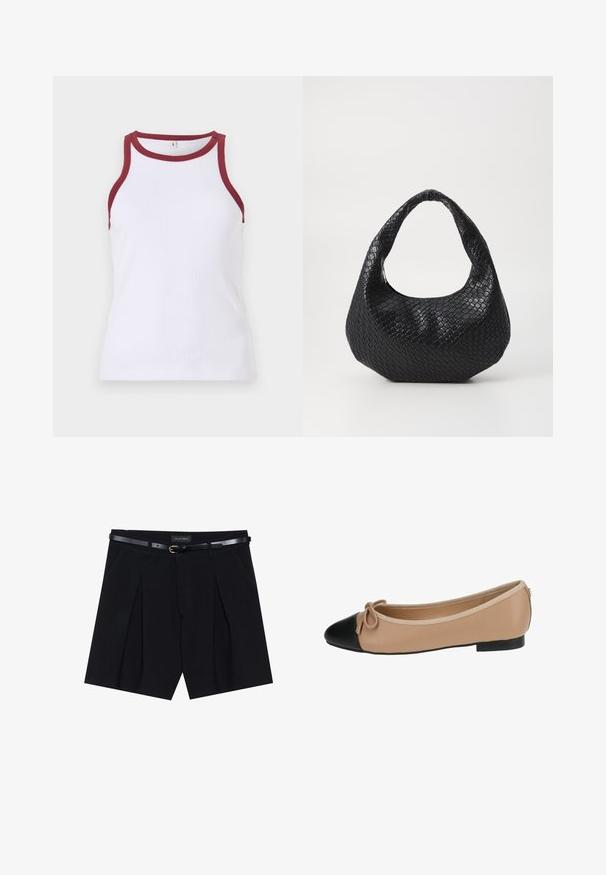 Bijeli rebrasti majica bez rukava s kontrastnim bordo rubom na izrezu i rukavima. Prilagođeni dizajn s glatkom teksturom i urednim završetkom.; Crne krojene hlače s naglašenim naborima, s uskim crnim remenom sa zlatnom kopčom. Izrađene od glatkog materijala, pružaju dotjeran izgled.; Baletna cipela u bež koži s crnim vrhom. Ima detalj s mašnom sprijeda i glatku teksturu. Nizak profil s gumenim potplatom.; Crna tkanina torba s zakrivljenom ručkom, koja se odlikuje teksturiranom površinom i labavim oblikom. Glatka završna obrada s organskom siluetom.