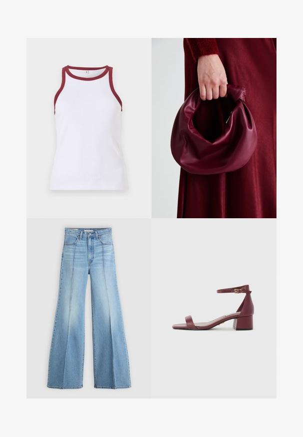 Camisola sem mangas branca com acabamento em marrom contraste no decote e nas cavas. Design justo com uma textura suave e acabamento limpo.; Jeans de cintura alta em azul claro, com pernas largas, bolsos dianteiros e traseiros, passantes para cinto e detalhes de costura vertical na parte da frente.; Sandal de couro bordô com ponta quadrada, tira fina no tornozelo, detalhes em dourado e salto bloco robusto. Textura suave e design minimalista.; Bolsa de couro bordô com um design suave e franzido, e uma forma arredondada. A alça é fixa, apresentando uma textura suave.