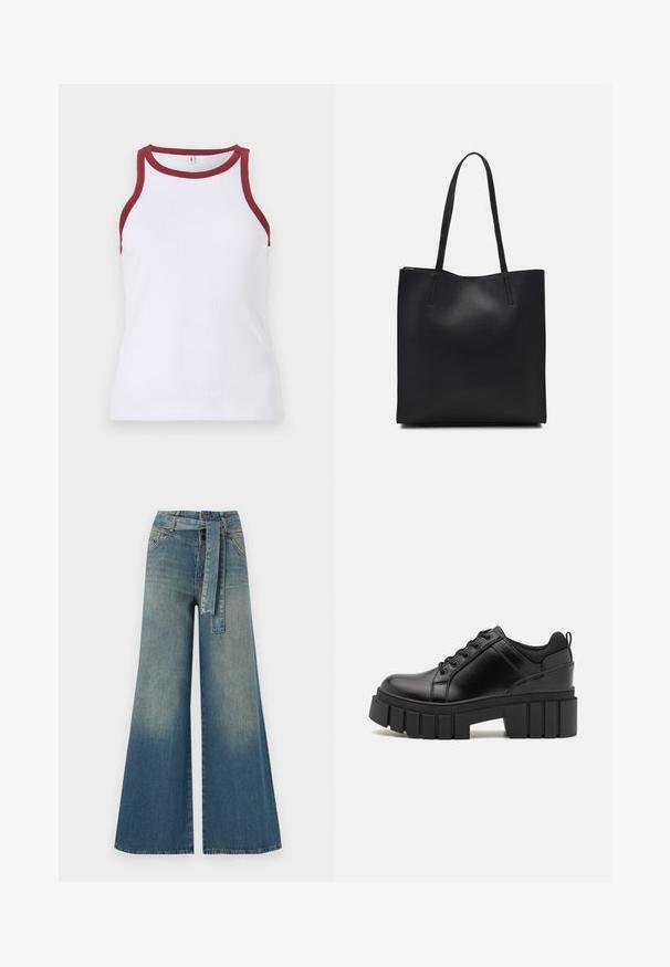 Top a canottiera bianca con dettagli a contrasto marroni intorno al collo e alle braccia. Design attillato con una texture liscia e una finitura pulita.; Pantaloni in denim a gamba larga con una sfumatura che va dal blu chiaro al blu scuro, vita alta, passanti per cintura e una cintura in tessuto coordinato. Finitura in denim strutturato.; Scarpe platform in pelle nera con tacco a blocco robusto, punta rotonda e design tradizionale con lacci. Presentano una superficie liscia e dettagli minimi.; Borsa tote in pelle nera con texture liscia, forma rettangolare e due manici lunghi. Nessun hardware o decorazione visibile.