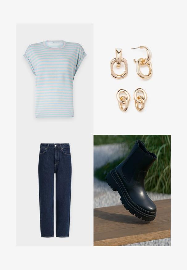 Stribet t-shirt med kort ærme i lys blå og pastel pink, med en afslappet pasform og blødt stof, rund halsudskæring og opsmøgede ærmer.; Mørkeblå denimjeans med lige ben, høj talje, sølvfarvede detaljer, forlommer og subtile syningsdetaljer. Klassisk design med fem lommer.; Sort læder ankelstøvle med en kraftig sål, elastiske sidepaneler og en glat overflade. Elevaret design med kontrasterende såldetalje.; Guldtonede øreringe med en blanding af geometriske former: et kvadrat, en cirkel og sammenkoblede ovale designs med en poleret overflade.