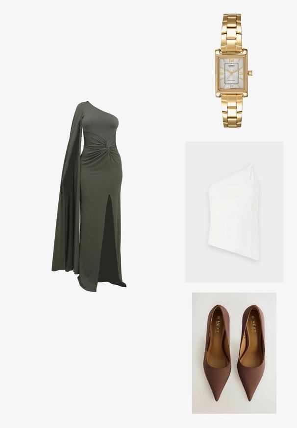 Asimetrisks balts tops ar vienu siksniņu, gluda tekstūra, pieguļošs dizains un tīrs, minimālisma izskats. Nav papildu rakstu vai akcentu.; Zaļa, vienas pleca kleita, izgatavota no gludas, elastīgas auduma. Tam ir savērpta detaļa jostasvietā un augšstilba augstumā šķēlums vienā pusē.; Brūni satīna augstpapēžu apavi ar norādītu purngalu un gludu tekstūru, ar zemu griezumu un diskrētu zīmola atpazīstamību uz iekšējās zoles. Izmērs 6½ (40).; Melnas ādas plecu soma ar sarauta tekstūru, zelta ķēdes akcents un izteikts zelta aizdare ar ovālu logotipu. Regulējams plecu siksna.; Zelta tonis taisnstūra rokas pulkstenis ar balto ciparnīcu, sudraba tonis stundu rādītājiem un izturīgu metāla saiti. Iekļauta ūdens izturība.