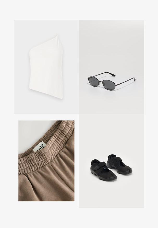 Asymetrický bílý top s jedním ramínkem, hladká textura, přiléhavý design a čistý, minimalistický vzhled. Bez dalších vzorů nebo akcentů.; Hnědý elastický pás s nařasenou texturou, připojená cedulka se nápisem "self" a měkká tkanina, která má hladký povrch a neutrální tón.; Černé vodní boty vyrobené z pružné tkaniny s suchým zipem, s jedinečným designem rozděleného prstu a texturovanou gumovou podrážkou pro lepší přilnavost.; Černé oválné sluneční brýle s tmavými skly, tenkým kovovým rámem a rovnými nožičkami. Obsahují logo značky na vnitřní straně ucha a nosní podložky.