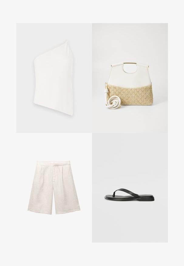 Asymetrický biely top s jedným ramienkom, hladká textura, priliehavý strih a čistý, minimalistický vzhľad. Žiadne ďalšie vzory ani akcenty.; Béžové ľanové šortky so širokými nohavicami, s prednými záhybmi a hladkým pásom. Tkanina má jemne textúrovaný povrch.; Čierne šľapky vyrobené z hladkej kože, s tenkým pásikom a plochou podrážkou s minimalistickým profilom. Bez výrazných vzorov alebo akcentov.; Biely kožený kabelka so štruktúrovaným krémovým tkaným dnom. Obsahuje zlatý úchyt a vinutý biely popruh pre univerzálnosť.