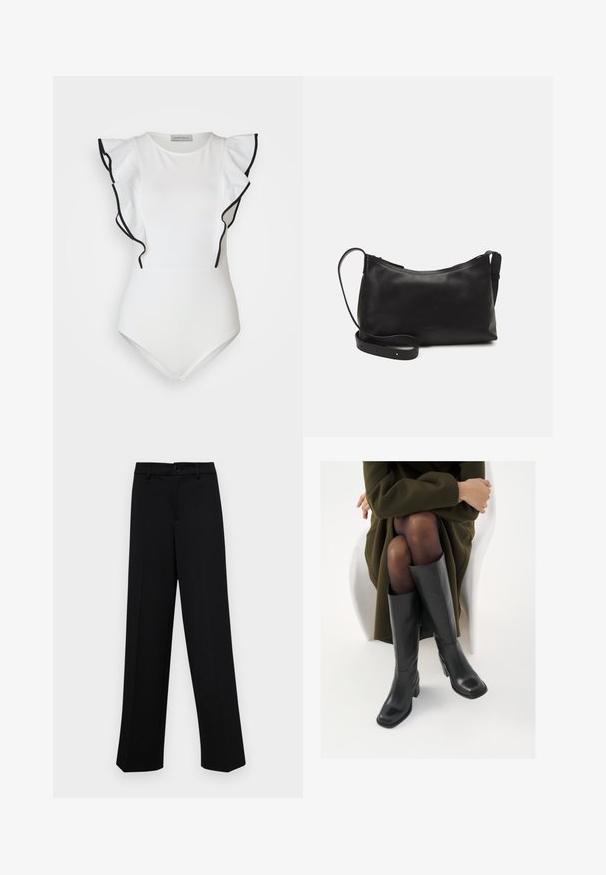 Valge bodi, millel on musta äärisega volangvarrukad. Sile kangas, ümmargune kaelus ja lähedalt kehale liibuv disain. Minimalistlik stiil.; Musta laiad püksid siledast kangast, millel on klassikaline vöökoht, nööbiga sulgemine ja ees voldid.; Knee-high mustad nahast saapad nelinurkse varbaga ja plokilise kontsaga, esitatud mudeli kõrval, kes istub oliivirohelises mantlis. Sujuv tekstuur, minimaalne detailide arv.; Mustmust nahk õlakotil on sile tekstuur, kumer kuju, reguleeritav rihm ja lukuga sulgemine. Minimalistlik disain ilma kaunistusteta.