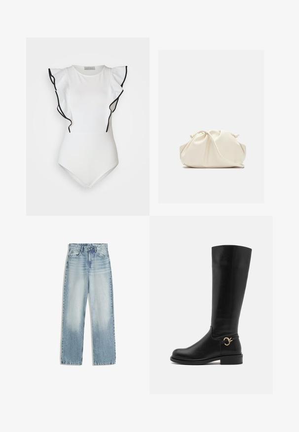 Bílý body s volány na rukávech obšitými černou. Hladká tkanina, kulatý výstřih a těsný střih. Minimalistický styl.; Světle modré džíny z denimu, s vysokým pasem a rovnými nohavicemi. Mají klasický design s pěti kapsami a jemným vyblednutím na přední straně.; Anna Field Wide Fit Vysoká obuv - black; Krémová, měkká taška z umělé kůže s nabráním, nastavitelným popruhem a nenápadným stahováním. Hladký povrch a zakulacený tvar.; Stříbrné visací náušnice s kulatými, odrazovými povrchy; minimalistický design s hladkým povrchem a jemným logem.