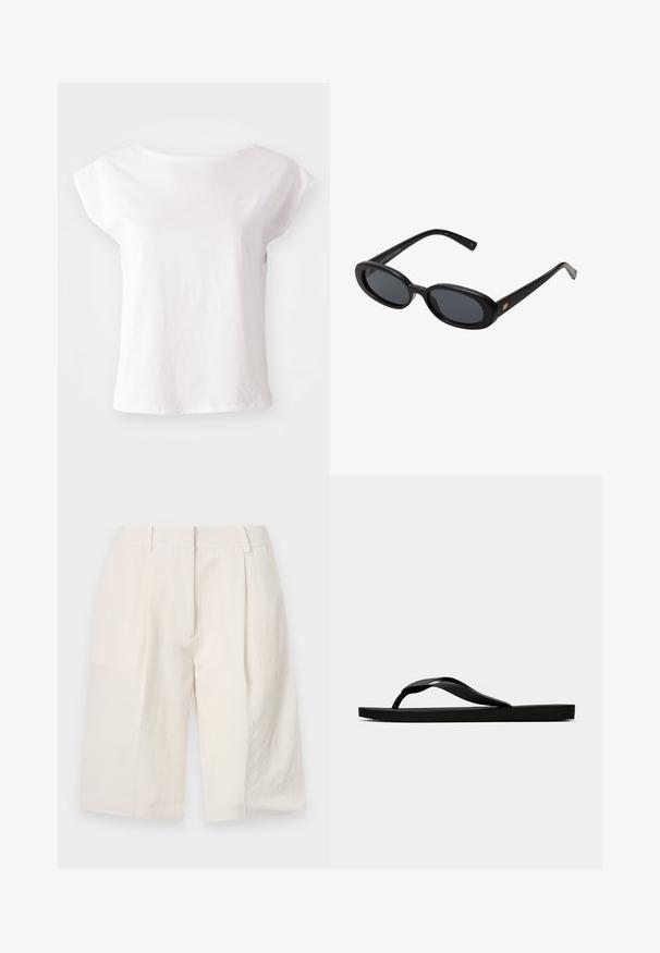 Hvid T-shirt med korte ærmer lavet af bomuld, med rund halsudskæring og et løst fit design. Inkluderer en diskret logo accent på brystet.; Hvide linned shorts med skræddersyet design, plisseret front og brede benåbninger. Glat tekstur og længde til midten af låret.; Sorte gummiflip-flopsandaler med en tekstureret rem og simpel flad sål, vist fra siden på en lys ensfarvet baggrund.; Store store
