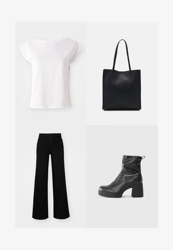 T-shirt branca de manga curta, feita de algodão, com um decote redondo e um design de corte solto. Inclui um discreto logótipo na área do peito.; Calças largas pretas em denim, com uma cintura estruturada, passantes para cinto e bolsos frontais. Textura suave com um design clássico.; Botas de tornozelo pretas feitas de couro liso, com fecho lateral, salto grosso texturizado e design de bico arredondado.; Bolsa tote preta em couro com textura lisa, forma retangular e duas alças longas. Sem hardware ou enfeites visíveis.