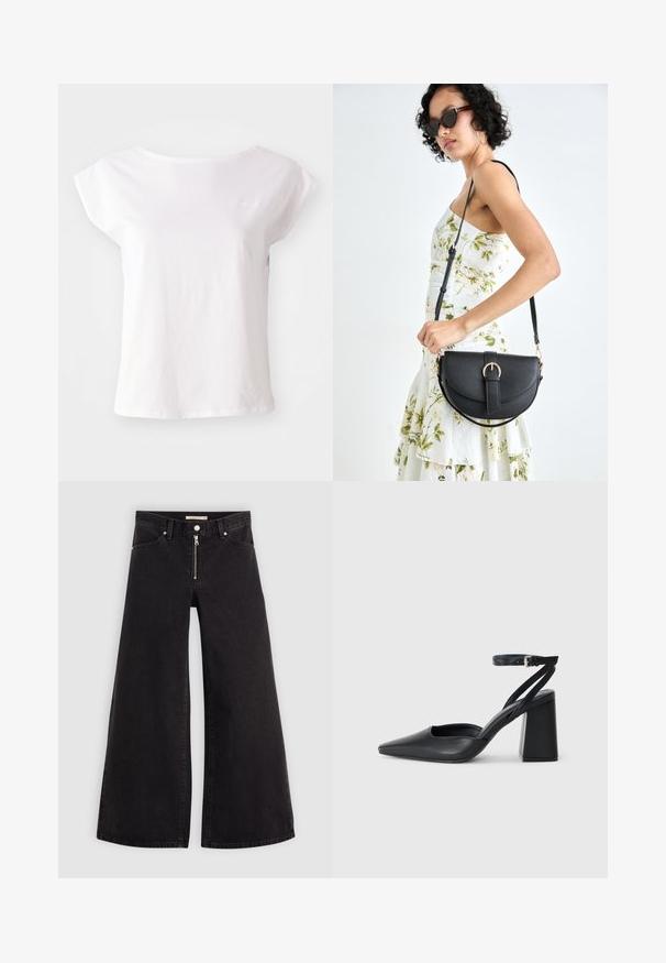 Witte T-shirt met korte mouwen van katoen, met een ronde halslijn en een losvallend ontwerp. Inclusief subtiele logo-accent op de borst.; Wijdvallende jeans van zwarte denim met een ritssluiting aan de voorkant, vijf zakken en subtiele stikdetails. Soepele textuur en casual stijl.; Zwarte leren puntige pump met een enkelbandje en een chunky hak. Vlakke textuur, strakke vormgeving en minimalistische esthetiek.; Zwarte leren handtas met een gebogen vorm, afneembare schouderband en gouden hardware. De tas heeft een klep met een gespsluiting.