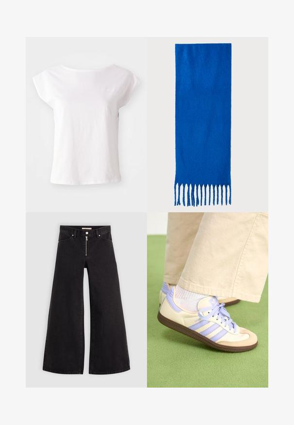 Hvid T-shirt med korte ærmer lavet af bomuld, med rund halsudskæring og et løst fit design. Inkluderer en diskret logo accent på brystet.; Vide ben jeans i sort denim med lynlås foran, fem lomme-design og subtile stikninger. Glat tekstur og afslappet stil.; Creme og lavendel sneakers med tre striber og en tekstureret brun sål, der har snørebånd og en polstret hæl. Blødt stof øvre.; Blå frynset tørklæde lavet af blødt stof; har en ensfarvet overflade med tekstur og jævnt klippede frynser i bunden.; Sort læderhåndtaske med en buet form, aftagelig rem og guldfinish. Tasken har en klap med en spænde detalje.