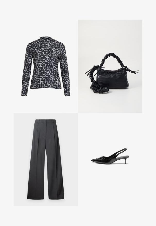Long-sleeve top featuring a high neckline, made from smooth fabric with a black and gray leopard print pattern.; Wide-leg trousers in dark gray fabric, featuring a high waist, single pleats, and a smooth texture with a clean finish at the hems.; Black leather slingback heels with a pointed toe, small kitten heel, and a decorative knot detail on the front. Smooth texture throughout.; Black faux leather handbag with a crocodile texture, cinched top, and a scrunched strap. Appears soft and compact in design.