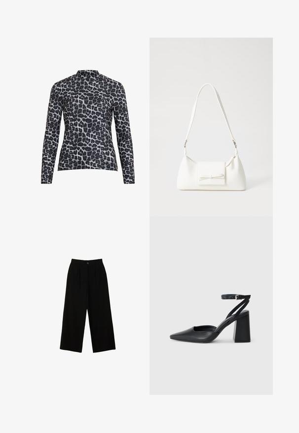 Langærmet top med høj hals, lavet af glat stof med et sort og grå leopardmønster.; Sorte brede bukser lavet af et glat materiale, med høj talje, frontplisseringer og en enkelt knaplukning øverst.; Sort læder spidse pumps med ankelrem og en chunky hæl. Flad tekstur, slankt design og minimalistisk æstetik.; Hvid syntetisk håndtaske med en trekantet form, flad forsideklap og sløjfedetalje, justerbar strop, glat tekstur og minimalistisk design.