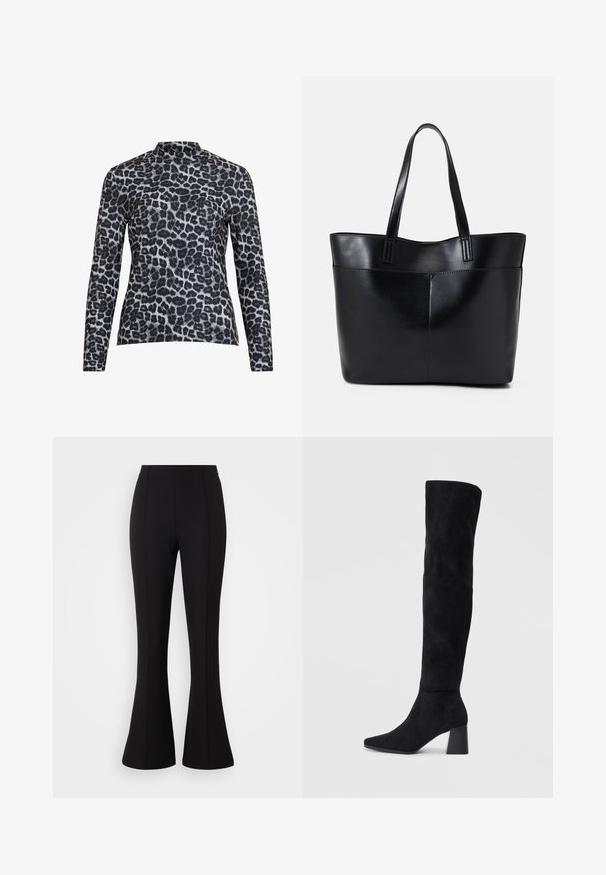 Ilgų rankovių marškiniai su aukštu kaklu, pagaminti iš lygaus audinio, su juodu ir pilku leopardų raštu.; Juodos flared kelnės, pagamintos iš tamprių audinių, pasižyminčios lygiu paviršiumi, aukštu liemeniu ir siūlių detalėmis priekyje.; Juoda zomšinė kelio ilgio batai su blokuotu kulnu, smailiu nosiu ir lygiu, be siūlių dizainu ant paprastos šviesios fono.; Juoda odinė rankinė su dviem ilgais diržais, lygiu paviršiumi ir struktūrizuota forma. Yra priekinė kišenė papildomam saugojimui.