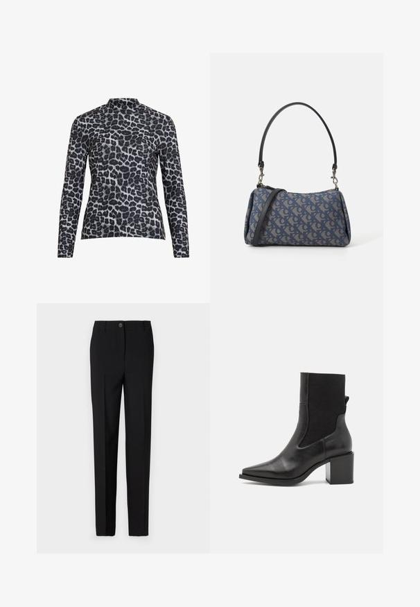 Dlhý rukáv top s vysokým výstrihom, vyrobený z hladkej látky s čierno-sivým leopardím vzorom.; Čierne priliehavé nohavice so strihom rovného nohavicu, ktoré majú zapínanie na gombík a pútka na opasok, vyrobené z hladkej látky.; Čierne členkové topánky s našpicatou špičkou, vyrobené z hladkej kože a elastického materiálu. Majú blokový podpätok a minimalistický dizajn.; Modrá vzorovaná kabelka vyrobená z látky, so zakriveným tvarom, čiernym koženým popruhom a dizajnom loga v svetlejšej farbe.