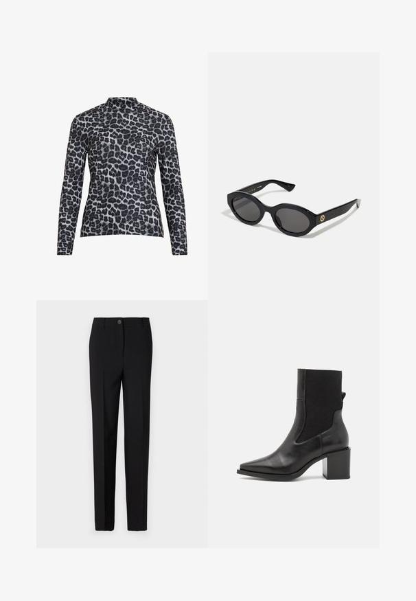 Langærmet top med høj hals, lavet af glat stof med et sort og grå leopardmønster.; Sorte skræddersyede bukser med lige ben-design, der har en knaplukning og bæltestropper, lavet af glat stof.; Sort ankelstøvle med spids tå, lavet af glat læder og elastisk stof. Har en blokhæl og minimalistisk design.; Sorte ovale solbriller med mørke linser og blank plastramme. Har et guldlogo på stykket, hvilket giver et slankt og moderne design.