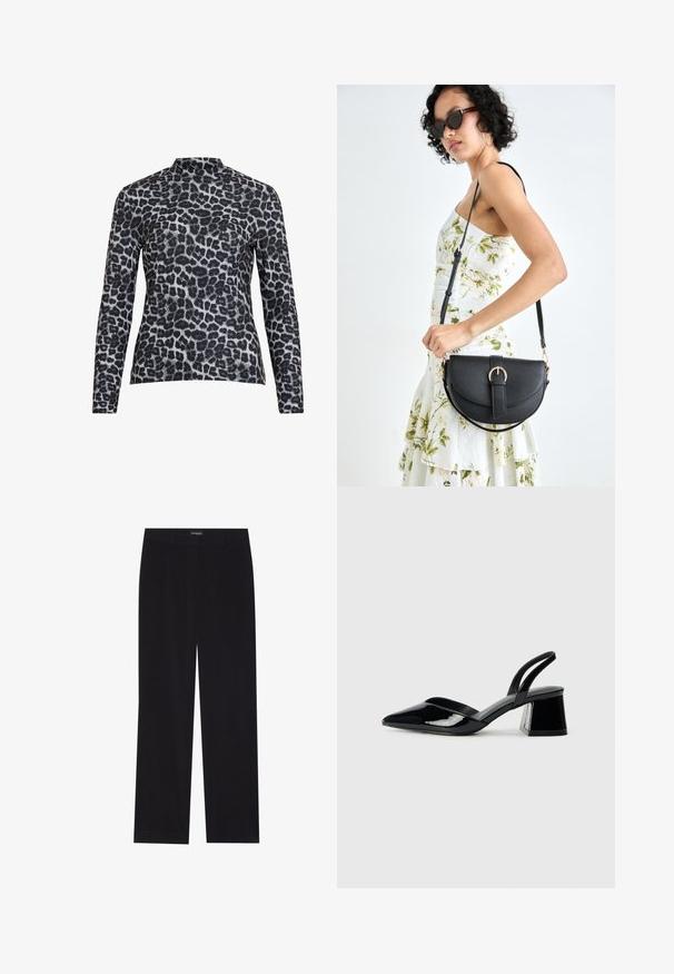 Ilgų rankovių marškiniai su aukštu kaklu, pagaminti iš lygaus audinio, su juodu ir pilku leopardų raštu.; Juodi švelnūs štrichiniai džinsai su tiesiu kirpimu, plokščiu liemeniu ir be matomų kišenių, su glotnia tekstūra ir vertikaliu briaunavimu.; Juodos lakuotos odinės šlepetės su smailiu pirštu ir geometriniu bloko kulnu. Turi elegantišką, minimalistinį dizainą ir lygų paviršių.; Juodas odinis krepšys su išlenkta forma, nuimamu dirželiu ir auksiniais detalėmis. Krepšys turi kilpą su sagtimi.