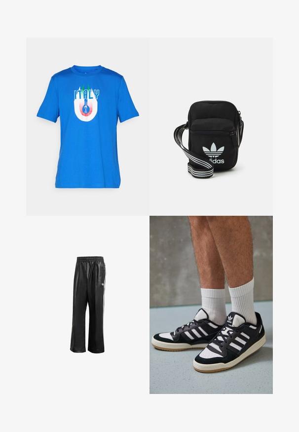 Modra bombažna majica s napisom "ITALIJA" in krožno zasnovo logotipa v rdeči in beli barvi, okrašena z zelenimi črtami na ovratniku.; Črne sintetične športne hlače z elastičnim pasom, z belimi stranskimi črtami in s majhnim belim logotipom na levem kolku.; Črno-bele superge z zgornjim delom iz usnja in nubuka, ki imajo tri bele črte, perforiran vrh prstov in podplat iz gume.; Črna tkaninska torbica čez ramo z zadrgo, ki vsebuje belo Adidasovo logo in pridelano naramnico z več črtami za enostavno nošenje.