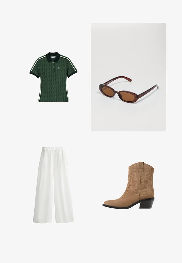 Vihreä polo-paita, jossa on geometrinen kuvio, tummanvärinen kaulus ja valkoiset sivujuovat. Napit ja logo rinnassa.; Valkoiset, leveät housut, joissa on joustava vyötäröresori, etupuolella laskokset ja kevyttä, tekstuurista kangasta.; Ruskean suède lännen nilkkurit, joissa on teräväkärkinen muotoilu, brodeerattu suunnittelu ja matala, pinottu musta korko. Varustettu vetotapeilla, jotka helpottavat pukemista.; Pyöreät, ruskehtavat aurinkolasit, joissa on kiiltävä burgundinpunainen runko. Kapeat sivut, joissa on hienovarainen brändäys. Litteät linssit.