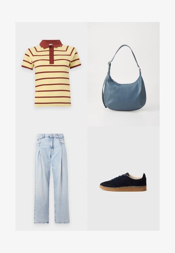 Gul polo skjorte med maroon horisontale striper, ribbet krage og placket med tre knapper. Korte ermer med kontrasterende mansjetter.; Lyseblå denimjeans med høy livlinje, vide ben, to sidelommer og plisserte detaljer. Myk tekstur med en falmet finish.; Navy blå semsket sneakers med såle av gummikaramell, blå lisser og minimalistisk design. Har preget logo på siden og glatt innerfôr.; Blå lærveske med rund form, enkel skulderreim, glidelås-lukking og preget merkenavn på forsiden. Glatt tekstur.