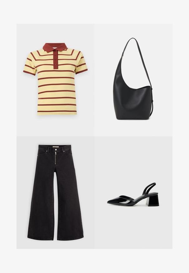 Żółta koszulka polo w bordo poziome paski, prążkowany kołnierzyk i zapięcie na trzy guziki. Krótkie rękawy z kontrastowymi mankietami.; Jeans o szerokich nogawkach w czarnym denienie z zamkiem błyskawicznym z przodu, pięcioma kieszeniami i subtelnymi detalami przeszycia. Gładka tekstura i swobodny styl.; Czarne lakierowane półbuty na obcasie z wydłużonym noskiem i geometrycznym słupkiem. Charakteryzują się eleganckim, minimalistycznym designem oraz gładką fakturą.; Czarna skórzana torba hobo o gładkiej fakturze, zaokrąglonym kształcie i pojedynczym, regulowanym pasku; posiada szerokie otwarcie na górze.