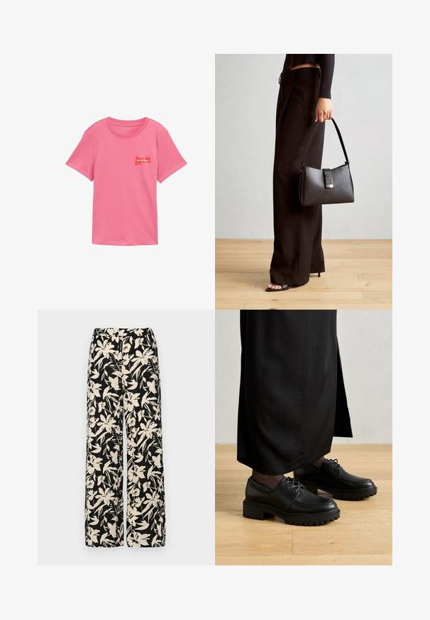 Rozā kokvilnas t-krekls ar īsām piedurknēm. Priekšpusē ir sarkans grafiskais dizains ar uzrakstiem "pour toujours" un "love". Klasiska apaļā kakla izgriezums.; Melni platie bikses ar krēmkrāsas ziedu rakstu. Izgatavotas no viegla auduma, kuram ir gluda tekstūra un augsta jostasvietas daļa.; Melnas ādas kurpes ar noapaļotu purngalu, biezu gumijas zoli un auklām. Dizainā ir dekoratīva šūšana gar augšējo daļu.; Melnā somiņa ar strukturētu formu, gludu tekstūru un metālu sprādzi. Saskaņota ar platām melnām biksēm un sandālēm ar atvērtu purngalu uz koka grīdas.