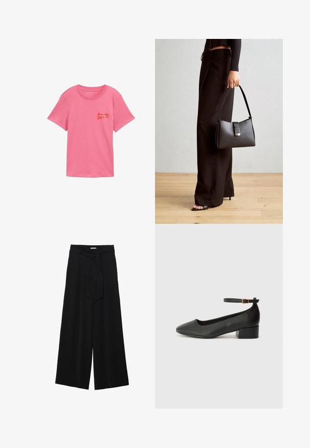 Camiseta de algodón rosa con mangas cortas. Presenta un diseño gráfico rojo que dice "pour toujours" y "amor" en el frontal. Cuello redondo clásico.; Pantalones de pierna ancha negros con un tejido texturizado, una cinturilla elástica y un lazo desmontable en la cintura para un ajuste ajustable.; Zapato de tacón negro de cuero con punta afilada y tacón bajo cuadrado. Presenta una correa para el tobillo con una hebilla en tono dorado. Textura suave.; Bolso negro con forma estructurada, textura suave y un cierre metálico. Combinado con pantalones anchos negros y sandalias de dedo en un suelo de madera.