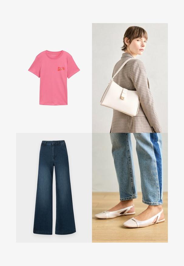 Roze katoenen t-shirt met korte mouwen. Voorzien van een rode grafische print met de tekst "pour toujours" en "love" aan de voorkant. Klassieke ronde hals.; Donkerblauwe hoge taille wijde spijkerbroek met front pockets en riemlussen op een witte achtergrond.; Zachtroze slingback ballerina's met een spitse neus, gemaakt van een glad leerachtig materiaal. Bevat uitsnijdingen aan de zijkanten en heeft een platte hak.; Witte leren handtas met een gestructureerd ontwerp, voorzien van een magneetsluiting en een schouderriem, tentoongesteld tegen een neutrale achtergrond.