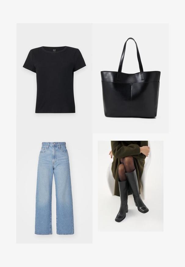 Svart T-skjorte med korte ermer laget av ribbet stoff, har rund hals og en avslappet passform. Ingen synlige mønstre eller detaljer.; Lys blå høytlivs vide jeans med knapp- og glidelås lukking foran, foran og bak lommer, på en hvit bakgrunn.; Knæhøye sorte lærstøvler med firkantet tå og blokkhelt, vist med en modell som sitter iført en olivengrønn kåpe. Glatt tekstur, minimal detaljering.; Svart lær toteveske med to lange håndtak, en glatt tekstur og en strukturert form. Har en frontlomme for ekstra oppbevaring.