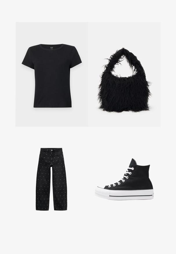 Schwarz, kurzärmliges T-Shirt aus geripptem Stoff mit Rundhalsausschnitt und lässiger Passform. Keine sichtbaren Muster oder Akzente.; Schwarze Jeans mit weitem Bein aus Denim, verziert mit einem Muster aus kleinen silbernen Ösen, klassischem Fünf-Taschen-Design und Knopfverschluss vorne.; Schwarze High-Top-Canvas-Sneaker mit weißen Ösen, Schnürsenkeln und Gummisohle. Verfügt über eine strukturierte Zehenkappe und schwarz-weiße Streifenakzente.; Even&Odd Shopping Bag - black