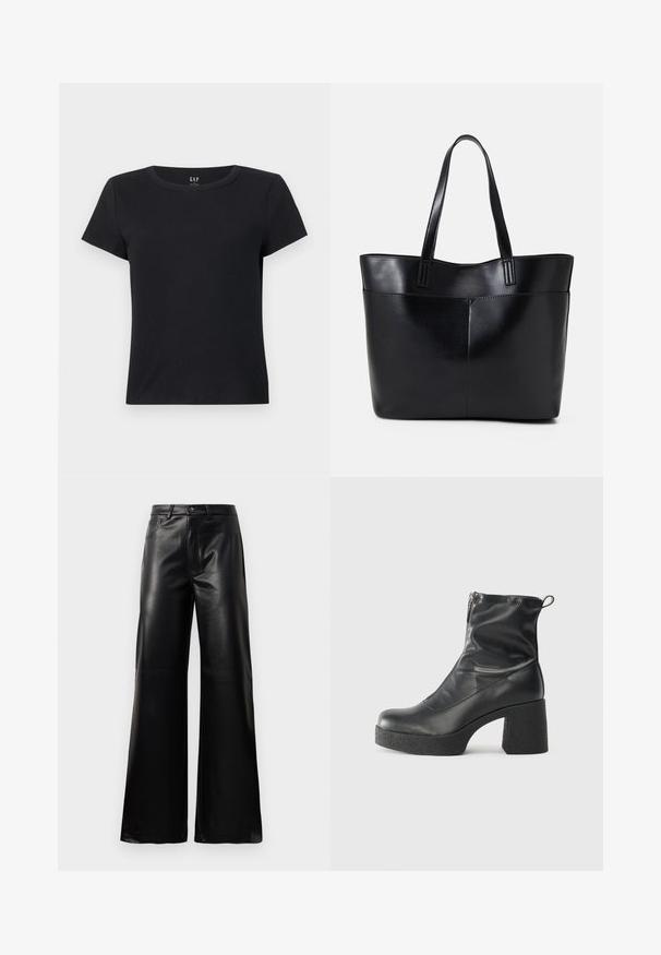 Black short-sleeve T-shirt made of ribbed fabric with a round neckline and a relaxed fit. No visible patterns or accents.; Black high-waist wide-leg faux leather pants with front button, zip closure, belt loops, and side pockets on white background.; Black ankle boots made of smooth leather, featuring a side zipper, chunky textured heel, and rounded toe design.; Black leather tote bag with two long handles, a smooth texture, and a structured shape. Features a front pocket for additional storage.