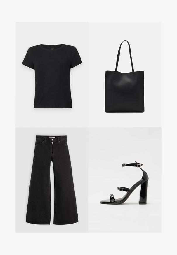 Svart kortärmad T-shirt i ribbat material med rund halsringning och en avslappnad passform. Inga synliga mönster eller detaljer.; Breda jeans i svart denim med dragkedja fram, femfickorsdesign och subtila sömdetaljer. Slät textur och avslappnad stil.; Svarta lackerade klacksandaler med fyrkantig tå, ankelremmar och silverfärgade spännen. Har en kraftig blockklack för stabilitet.; Svart lädertoffelväska med slät textur, rektangulär form och två långa handtag. Ingen synlig hårdvara eller dekorationer.