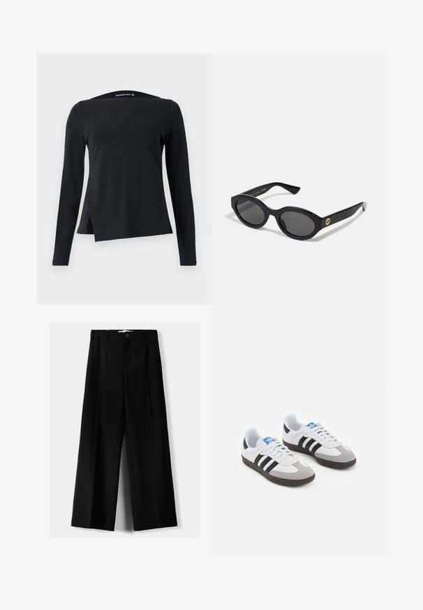 Čierne tričko s dlhým rukávom vyrobené z hladkej látky, s vysokým golierom a asymetrickým lemom so bočnými rozparkami pre moderný vzhľad.; Čierne široké nohavice z ľahkého materiálu, s predným zapínaním na gombík a plochým predným dielom, s pekne ušitými lemami.; Športové topánky s bielym koženým zvrškom, šedou semišovou špičkou a tromi čiernymi pruhmi. Obsahujú modré logo na jazyku a štruktúrovanú gumovú podrážku.; Čierne oválne slnečné okuliare s tmavými sklami a lesklým plastovým rámom. Obsahujú zlaté logo na stráne, čo im dáva elegantný a moderný dizajn.