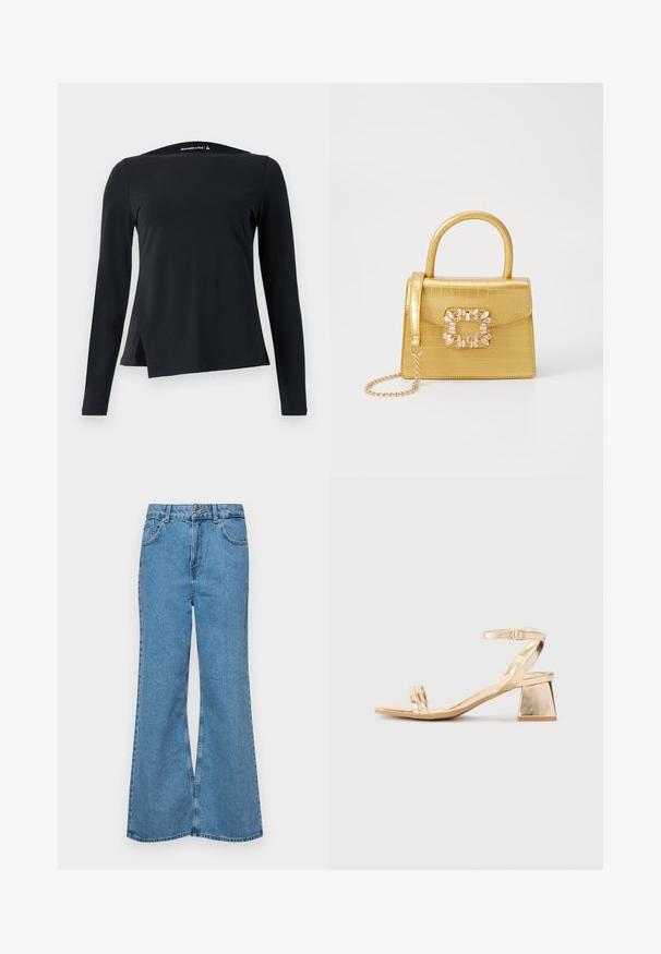 Blusa negra de manga larga hecha de tejido suave, con un cuello alto y un dobladillo asimétrico con aberturas laterales para un diseño moderno.; Jeans acampanados de color azul claro hechos de denim, con una cintura alta, cinco bolsillos y un cierre de botón. Textura suave con acabado desgastado.; Sandalia de tacón metálica dorada con un tacón de bloque angular, dos correas sobre el pie y una correa ajustable en el tobillo. Textura suave.; Bolso de mano de imitación cocodrilo amarillo con un diseño estructurado, asa superior, correa de cadena desmontable y embellecimiento de cristal decorativo en el cierre.