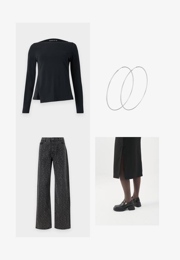 Must mustaga pika varrukaga tipp, mis on valmistatud siledast kangast, funktsiooniga kõrge kaelus ja asümmeetriline hem, millel on külgsalud moodsaks disainiks.; Noisy May NMJANNEL LOOSE - Avar lõikega teksad - black denim; Mustad mustad jalatsid ümmarguse varbaga, paksu plokkniidi ja elastsete külgdetailidega, kombineeritud tumedate sukkade ja musta lõhikuga seelikuga.; Hõbedased rõngastikkaehingad minimalistlikus disainis. Ümar kuju, sile tekstuur ja õhuke profiil. Kerged ning poleeritud viimistlusega.