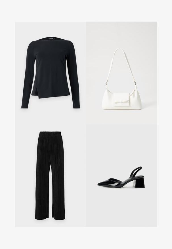 Crna dugorukava majica izrađena od glatke tkanine, s visokim izrezom i asimetričnim rubom sa bočnim prorezima za moderni dizajn.; Crne plisirane hlače s elastičnim pojasom. Imaju široke nogavice i glatku, teksturiranu tkaninu s vertikalnim prugama.; Crne lakirane kožne sandale s otvorenom petom i špicastim vrhom, s geometrijskom blok petom. Imaju elegantan, minimalistički dizajn i glatku teksturu.; Bijela sintetička torbica s trokutastim oblikom, ravnim prednjim poklopcem i detaljem u obliku mašne, podesivom remenom, glatkom teksturom i minimalističkim dizajnom.