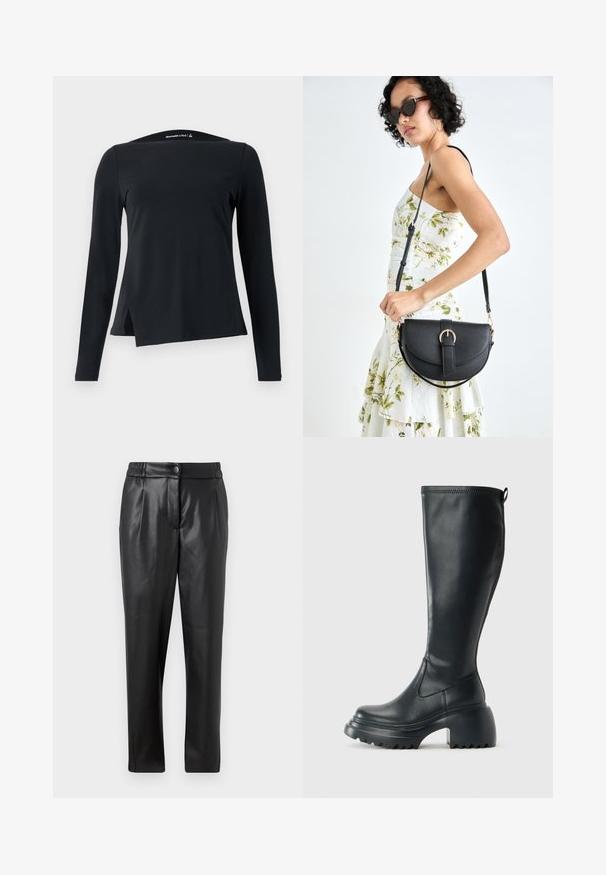 Czarny longsleeve wykonany z gładkiego materiału, z wysokim kołnierzem i asymetrycznym dołem z bocznymi rozcięciami, co nadaje nowoczesny charakter.; Czarne skórzane spodnie o gładkiej fakturze, prostym kroju, elastycznym pasie i zapięciu na guzik z przodu; z plisowanymi detalami i zwężanymi nogawkami.; Wysokie czarne skórzane botki z masywną platformą i słupkowym obcasem, z uchwytem i teksturowanym bieżnikiem na podeszwie.; Czarna skórzana torebka o zakrzywionym kształcie, z odpinanym paskiem i złotymi akcentami. Torebka posiada klapę z zapięciem w kształcie klamry.