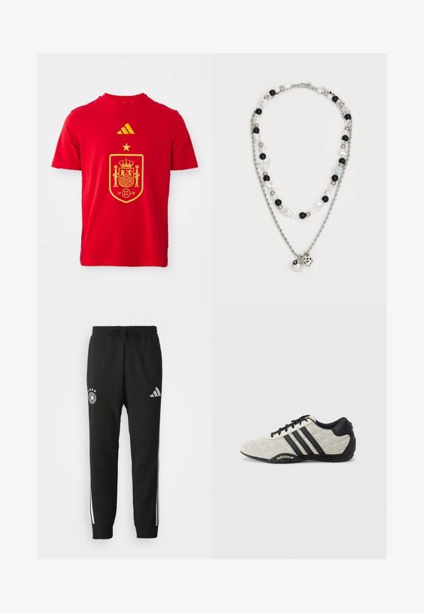 Punane puuvillane T-särk, millel on kollane Hispaania rahvusmeeskonna embleem koos krooni ja ülal oleva tähtega, ning Adidas logo vasakus ülanurgas.; Mustad mustaharjad, millel on paelaga vöökoht, valgete külgtriipudega, viie tähega emblem ja Adidas logo reiel.; Adidase spordijalats, millel on tekstureeritud helehall ülemine osa ja mustad nahkaktsendid. Omab musta kolme triibu logo ja pehmendatud tallat.; Kaksikihiline kaelakee hõbedasest ahelast, mustade, valgete ja kreemjate segatud helmestega, kaunistuselementidega, mis meenutavad täringut ja kuuli.
