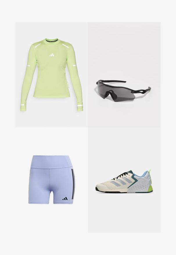 Világos zöld, hosszú ujjú sportpóló, texturált anyagból, fényvisszaverő részletekkel az ujjakon és egy kis fehér logóval a mellkason.; Világos lila sport nadrág sima textúrával, fekete oldalsó csíkokkal és logóval a bal alsó lábon.; Könnyű sportcipők, krémszínű hálós felsőrésszel, szürke csíkokkal, zöld díszítéssel és strukturált kék sarokpárral. Fekete cipőfűzők.; Sportos napszemüveg, teljesen körbeölelő fekete műanyag kerettel, sötétített lencsékkel és jellegzetes szögletes formával. Rugalmas fülpántok a kényelem érdekében.