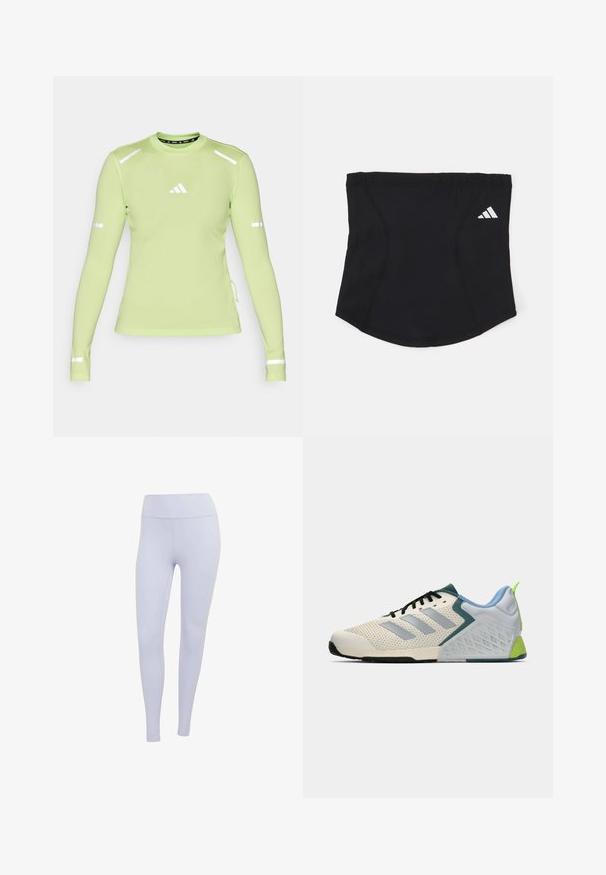 Light green long-sleeve athletic shirt with a textured fabric, reflective accents on sleeves, and a small white logo on the chest.; Light purple leggings made of stretchy fabric. High-waisted design with a smooth texture and no visible seams or patterns.; Lightweight athletic shoes featuring a cream mesh upper, grey stripes, a green accent, and a textured blue heel counter. Black laces.; Black athletic headband with a smooth texture, curved shape, and elastic top. Features a small white Adidas logo on the side.
