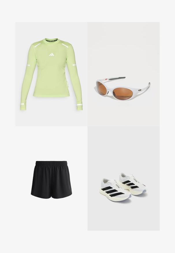 Light green long-sleeve athletic shirt with a textured fabric, reflective accents on sleeves, and a small white logo on the chest.; Black athletic shorts with an elastic waistband, soft fabric, and a loose fit, featuring side pockets and smooth edges.; White athletic shoes with black stripes and branding, featuring a mesh upper, rounded toe, and thick cream sole for cushioning.; White sunglasses with brown lenses, oval shape, made of smooth plastic, featuring gray accents on the arms and a logo on the frame.