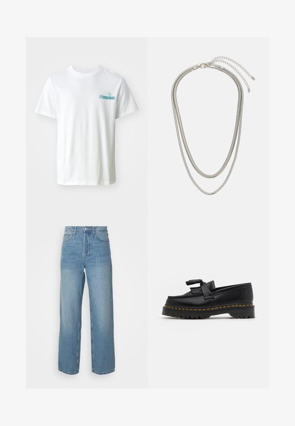 Balta medvilninė marškinėliai su šviesiai mėlynu išsiuvinėtų "Converse" tekstu ir grafiniu dizainu krūtinėje, su klasikinėmis apvalios iškirptės ir trumpomis rankovėmis.; Aukštos juosmens šviesiai mėlyni džinsai tiesiomis kojomis, priekinis mygtukų užsegimas ir penkių kišeninių stilius ant vientisos fono.; Juodas odinis loaferis su kutais, turintis masyvų juodą pado ir geltonus siūlus palei kraštą. Textūruota danga.; Trijų sluoksnių sidabrinė metalinė apyrankė, kuri pasižymi stilingomis, lankstosiomis grandinėlėmis su švelniu blizgesiu, užsegama krabų užsegimu ir reguliuojama grandinė.