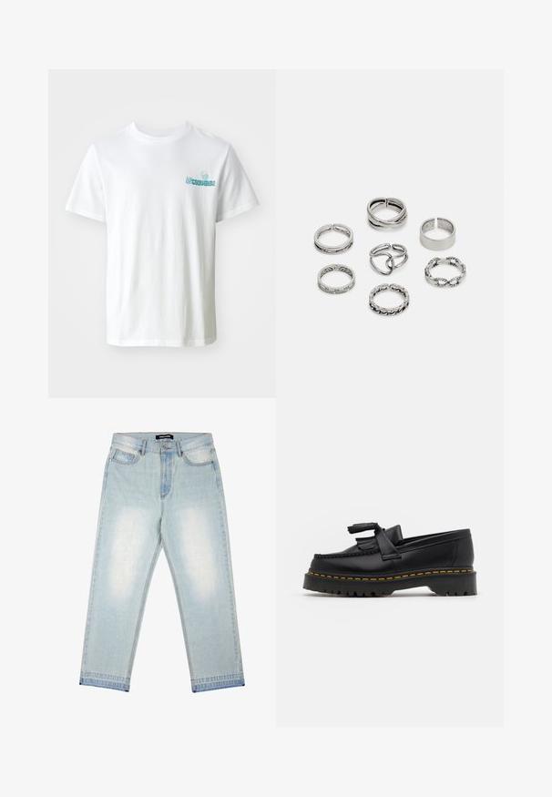 Balta kokvilnas t-kreklu ar gaiši zilu izšūtu "Converse" tekstu un grafisko dizainu uz krūšu daļas, ar klasisku apaļu kakla izgriezumu un īsām piedurknēm.; Pegador BARROW - Brīvi džinsi - sand washed blue; Melnas ādas mokasīni ar pērlītēm uzsvaru, ar masīvu melnu zoli un dzeltenu šuvumu gar malu. Ar teksturētu apdari.; Septi sudraba gredzeni ar dažādām dizaina iezīmēm, ieskaitot savītas, savienotas un iegravētas formas. Atšķirīgas formas un platumi.