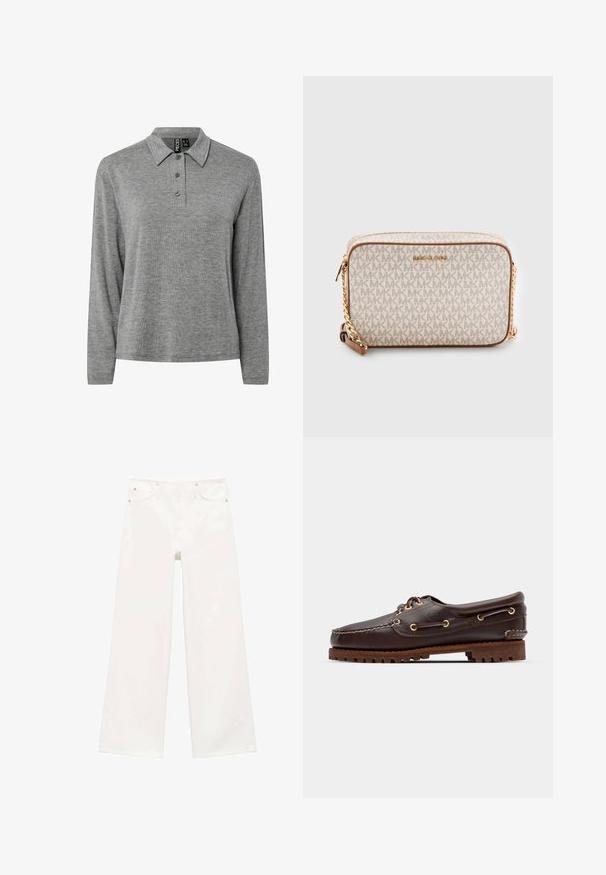 Polo a maniche lunghe grigio con tre bottoni e colletto, realizzato in morbido tessuto a maglia, esposto su uno sfondo bianco.; Camicia button-up in lavanda con righe verticali grigio scuro. Presenta una piccola tasca sul petto e un logo ricamato sul lato sinistro.; Jeans bianchi a vita alta, a gamba larga, con chiusura frontale a bottoni e zip, due tasche anteriori e passanti per cintura.; Scarpa da barca in pelle marrone con occhielli dorati, lacci tondi e una suola in gomma marrone texturizzata. Presenta dettagli cuciti e un logo in rilievo.; Borsa a tracolla beige in tela con un motivo a logo MK ripetuto, hardware dorato e tracolla a catena. Presenta una chiusura con zip e accenti in pelle.