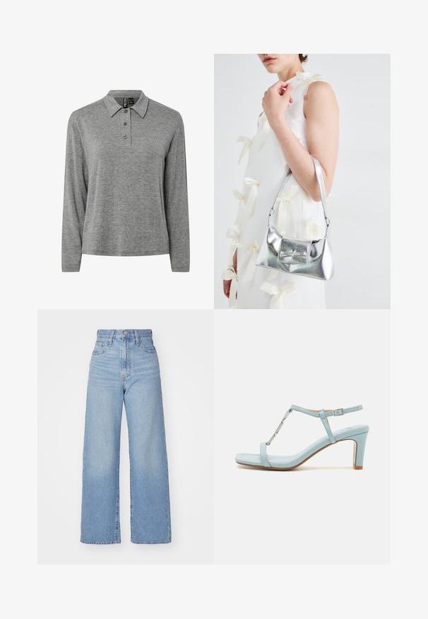 Grijze langemouwen polo shirt met drie knopen en een kraag, gemaakt van zachte gebreide stof, weergegeven tegen een witte achtergrond.; Lichtblauwe high-waist wijde jeans met een knoop- en ritssluiting aan de voorkant, voor- en achterzakken, op een witte achtergrond.; Lichtblauwe enkelbandjes hoge hak sandaal met een vierkante neus, voorzien van een metallic accent en een slanke, gladde leren textuur.; Zilveren metallic handtas met een gestructureerde vorm, voorzien van een bovenhandvat en een strikdetail aan de voorkant. Gladde textuur, reflecterende afwerking.