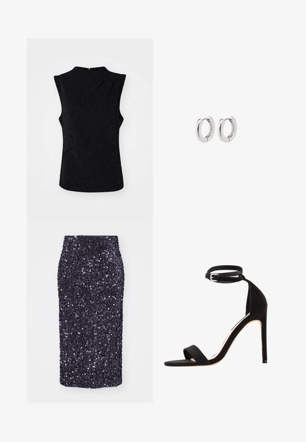 Musta toppi ilman hihoja, jossa on korkea kaulus, hienovarainen kiiltävä pinta ja epäsymmetrinen muotoilu. Takana vetoketjukiinnitys.; Violet sequindiininen kynähame, joka on muotoiltu istuvaksi. Silkkinen rakenne, polven pituinen, täydellisesti koristeltu pienillä, heijastavilla sequineilla.; Mustat keinonahka korkokengät, joissa on yksinkertainen hihnasuunnittelu, avonaiset varpaat ja nilkkahihna, jossa on hopeinen solki.; Hopehope hopehope ni polido, yenye muundo wa duara na viungio visivyo na seams, vinavyoonyesha uso laini.