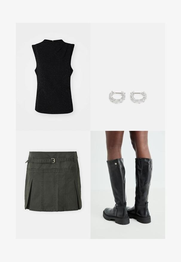 Top negro sin mangas con un cuello alto, que presenta una sutil textura brillante y un diseño asimétrico. Detalle de cierre con cremallera en la parte posterior.; Minifalda de algodón verde oscuro con cintura ajustada, cinturón y pliegues frontales. Presenta detalles de costura y un corte clásico.; Botas de cuero negras hasta la rodilla con una textura suave, punta redondeada, suela gruesa y cierre de cremallera. Presenta un logotipo plateado en el lateral.; Pendientes de aro de plata con cristales claros, rectangulares y triangulares dispuestos en un diseño en patrones. Con tachuelas para un cierre seguro.