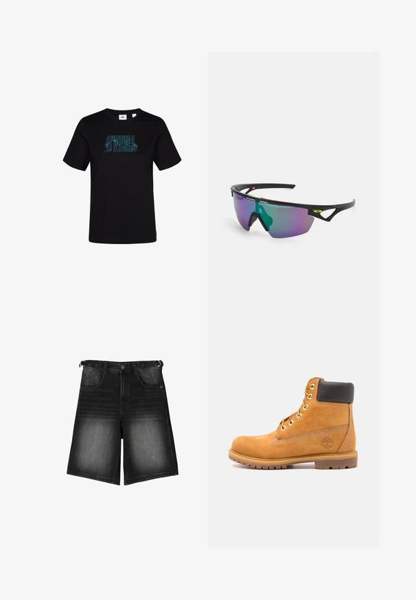 Zwarte katoen t-shirt met een turquoise grafische print van "O'Neill" met bloemaccenten. Korte mouwen en een ronde halsontwerp.; Zwarte denim shorts met een verwassen afwerking, vijf zakken, een knoopsluiting en riemlussen. De stof heeft een gladde textuur.; Bruine leren enkelboot met zwarte voering, gouden oogjes en een gestructureerde zool. Kenmerkt zich door een cirkelvormig logo aan de zijkant en stikselaccenten.; Sport zonnebril met een zwart montuur, grote verlooplenzen met paarse en groene tinten, en hoekige ontwerpaccenten met logo-details.