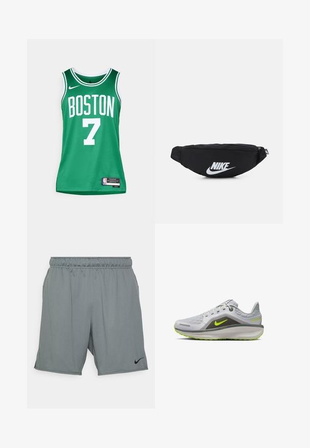 Grøn basketballtrøje med hvid skrift. Har "BOSTON" og nummeret "7." Lavet af åndbart mesh-materiale, med et Nike-logo og mærkat.; Grå atletiske shorts lavet af stof med en glat tekstur. Har et elastisk talje bånd og sidelommer, med et sort Nike-logo.; Grå atletiksko med en tekstureret overdel, neongrøn accentuering, en polstret sål og et letvægtsdesign. Har et synligt logo og detaljer.; Sort nylon bæltetaske med lynlås, der har et stort hvidt Nike-logo. Glat tekstur og ergonomisk design for komfortabel bæring.