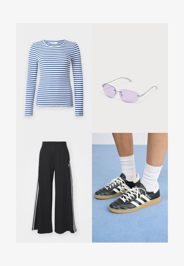 Zila un balta svītraina krekla ar garām piedurknēm, ar ribotām tekstūrām un apaļu izgriezumu, kas apņem vienmērīgi izkārtotas horizontālās svītras.; Melnas plašas sporta bikses ar elastīgu jostasvietu, kurām ir baltas sānu svītras un izšūts logo kreisajā augšstilbā.; Melnas ādas sporta apavus ar baltām svītrām, apaļu purngalu, baltām auklām un gumijas zoli. Izceļas ar mīksto apkakli un zīmola detaļām.; Saulesbrilles ar ovālām purpura lēcām, metāla rāmi un plānām kājām. Skaidras deguna spilventiņi un viegli pamanāma zīmola atpazīšana uz kājas.